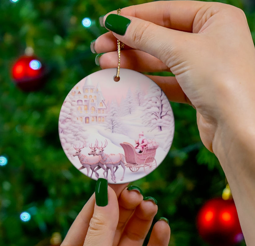 Thumbnail: Shabby Pink Christmas Ornament Reindeer Santa Cottage Decor & Holiday Gifts