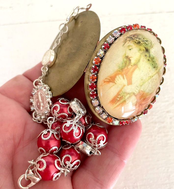 Thumbnail: Rhinestone Jesus Locket, Cameo Pendant, Prayer Beads Bracelet, Catholic Gifts