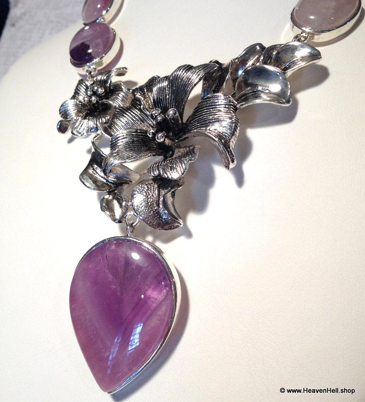 Thumbnail: Large Vintage Amethyst Gemstone Necklace BOHO Silver Statement Jewelry