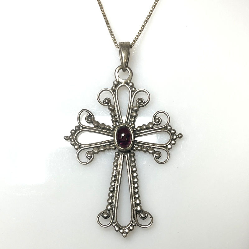 Sterling Silver Garnet Cross Necklace, 18 inch Box chain, Vintage Jewelry