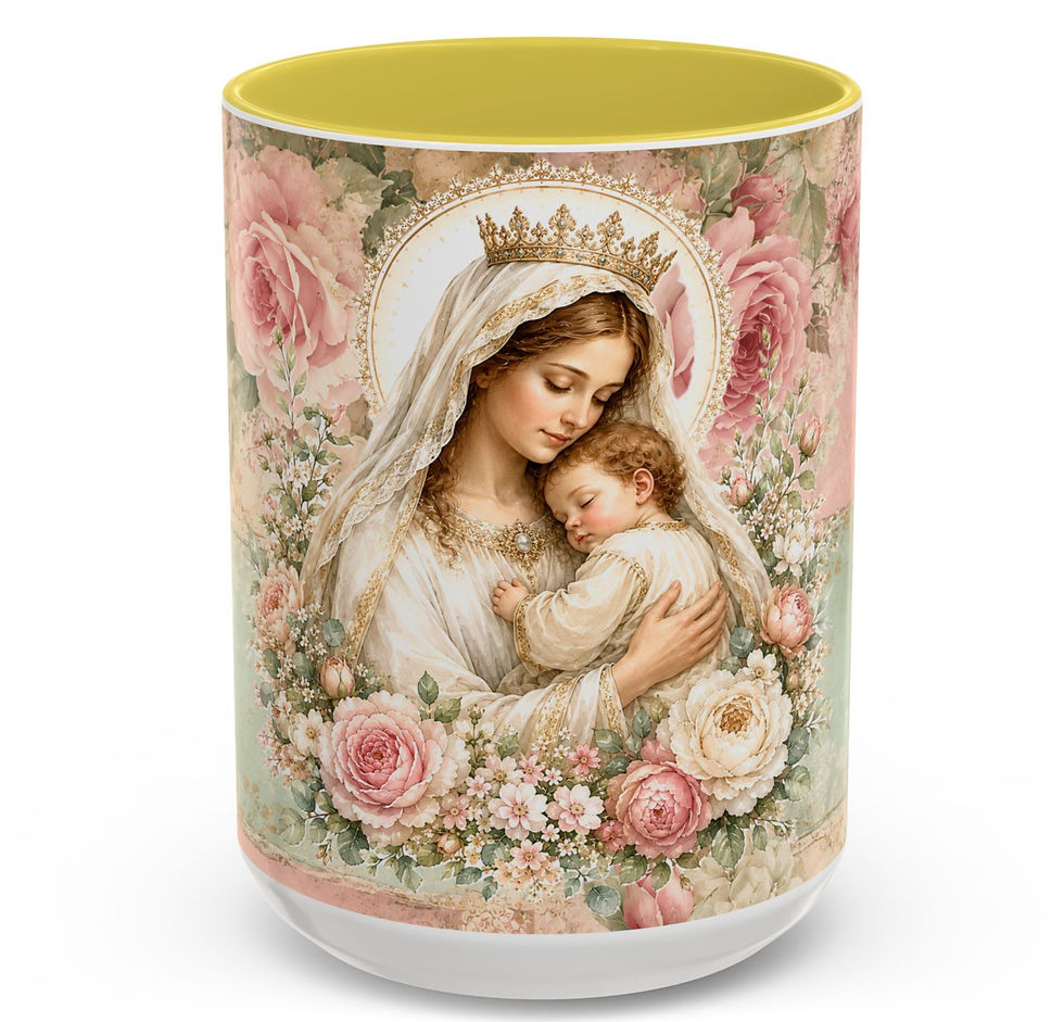 Thumbnail: Madonna and Child Art Mug — Virgin Mary and Jesus Pink Roses Catholic Coffee Cup
