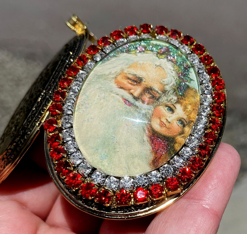 Thumbnail: Victorian Santa Claus Christmas Locket, Red Rhinestone Pendant, Ornament