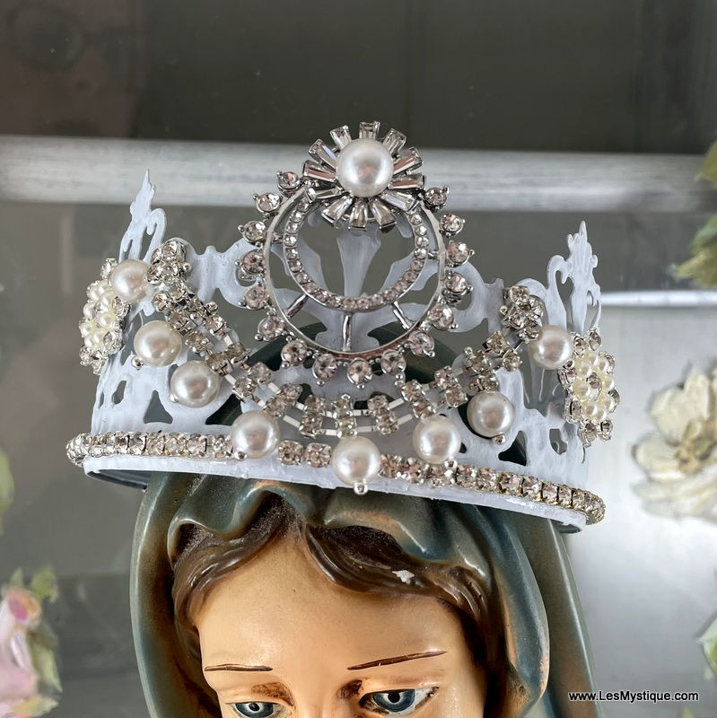 Thumbnail: Shabby Jeweled Crown French Blue Rhinestone Crown with Pearls