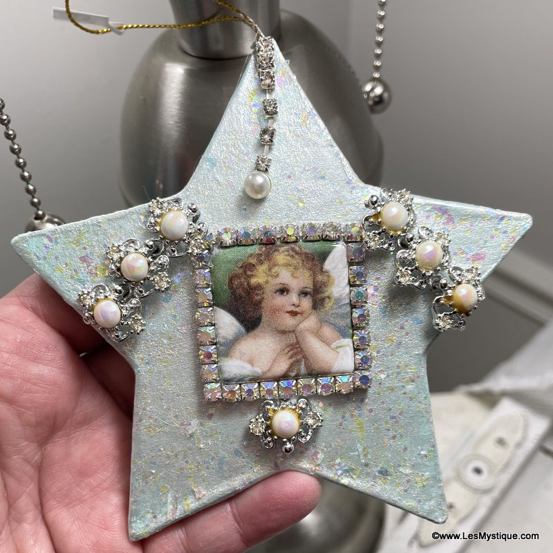 Thumbnail: Shabby Victorian Angel Rhinestone Christmas Ornament Porcelain Cameo