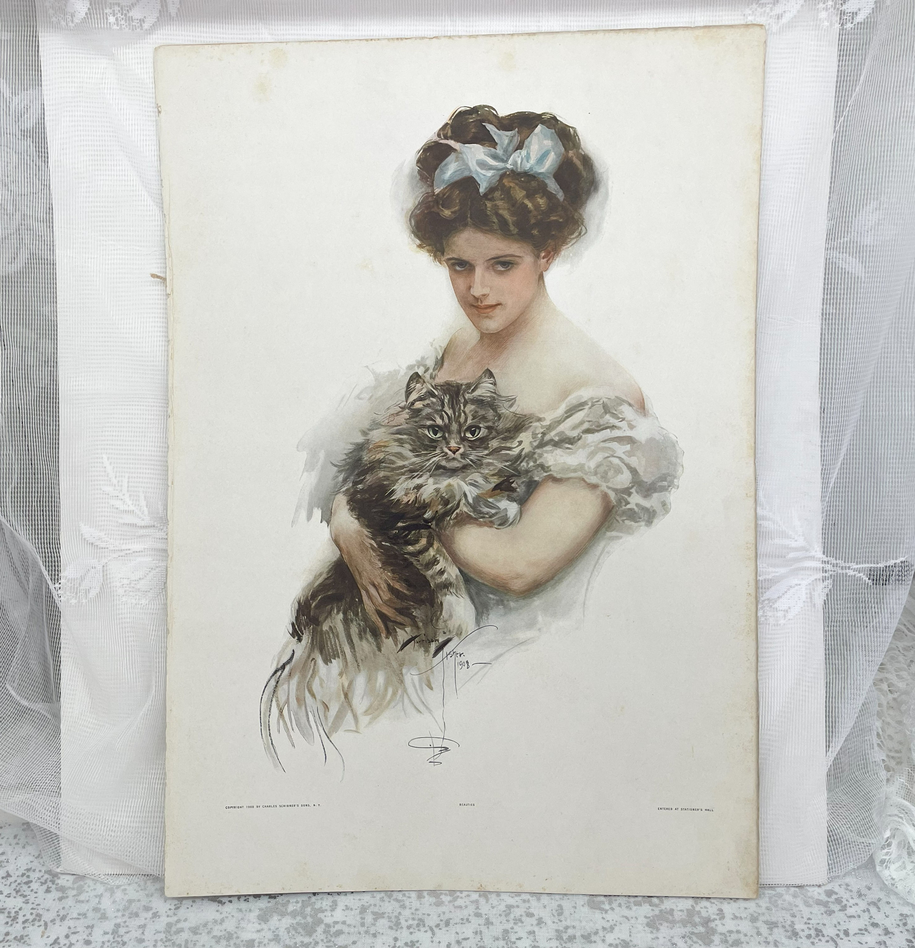 copy of Vintage Harrison Fisher Art Print Edwardian Woman w/ Cat, Antique art