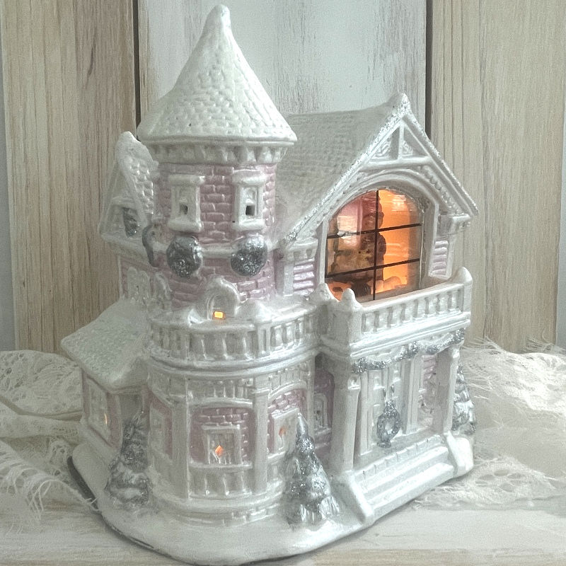 Thumbnail: Victorian Christmas Village House, Shabby Pink Glass Window Light-up Scene