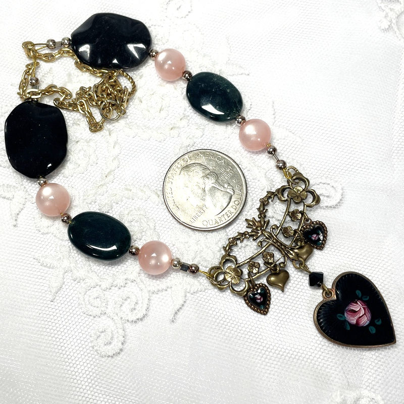 Thumbnail: Enamel Rose Heart Necklace with Pink Cats Eye Moss Agate Quartz, Vintage Jewelry