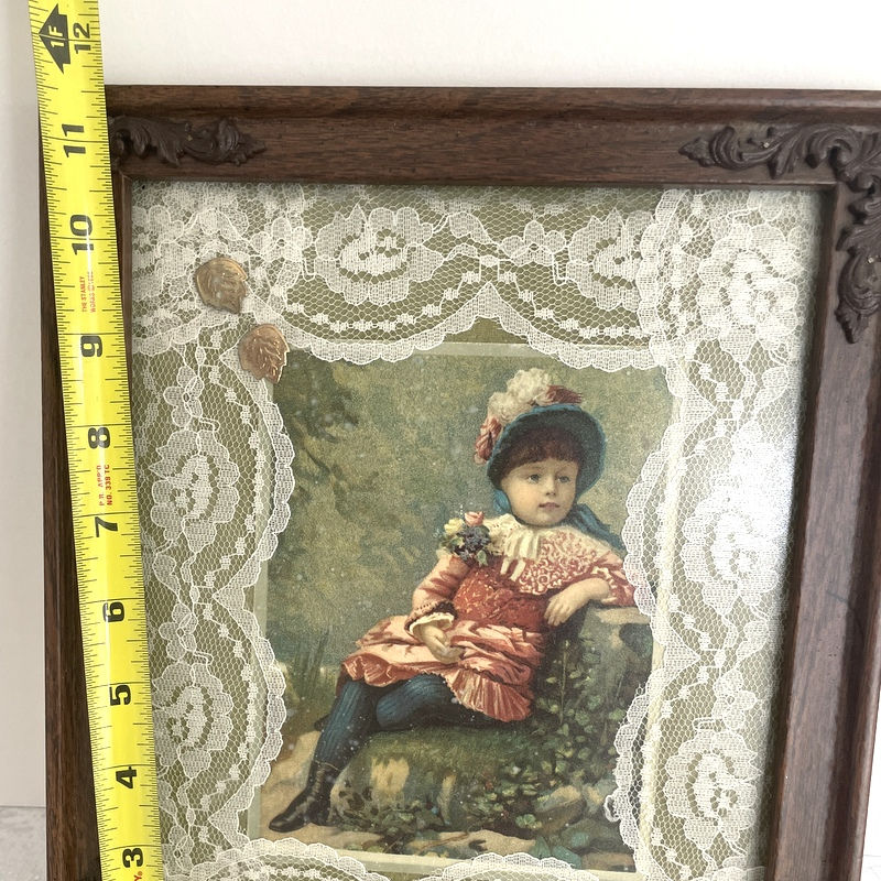 Thumbnail: Victorian Art Print Collage Lace Assemblage, Girl in Flower Bonnet, Wood Frame