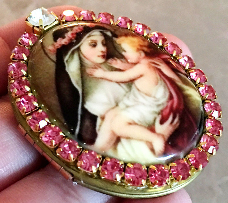 Thumbnail: Saint Rose of Lima Porcelain Cameo Locket, Pink Rhinestone Prayer Pendant