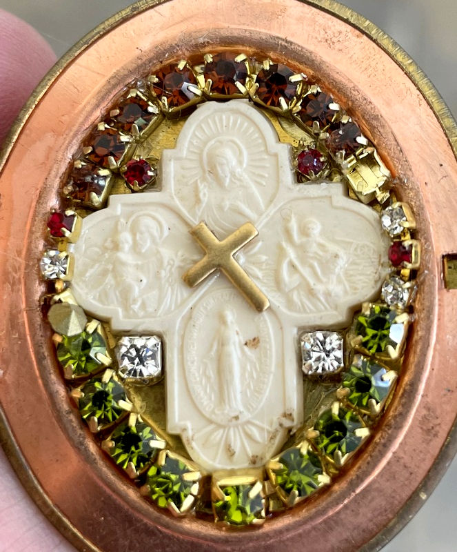 Thumbnail: Vintage Shrine Locket, Heirloom Gift, Guardian Angel w/ Baby, Rhinestone Pendant
