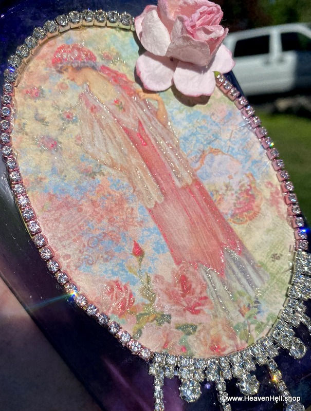 Thumbnail: Shabby Vintage Amethyst Glass Bottle Decor Edwardian Woman Sparkling Rhinestones