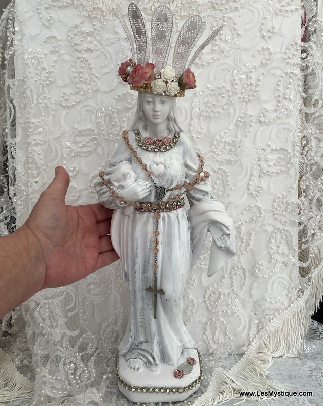 Thumbnail: Large Vintage Shabby French Statue Virgin Mary Immaculate w/ Crown Mystical Rose