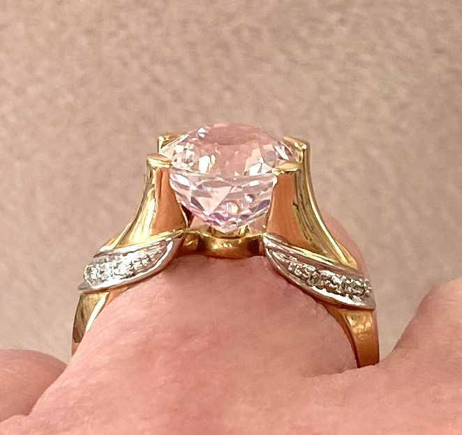 Thumbnail: Natural Vintage 14K Light Pink Kunzite Ring Diamond accents Signed John Rinker
