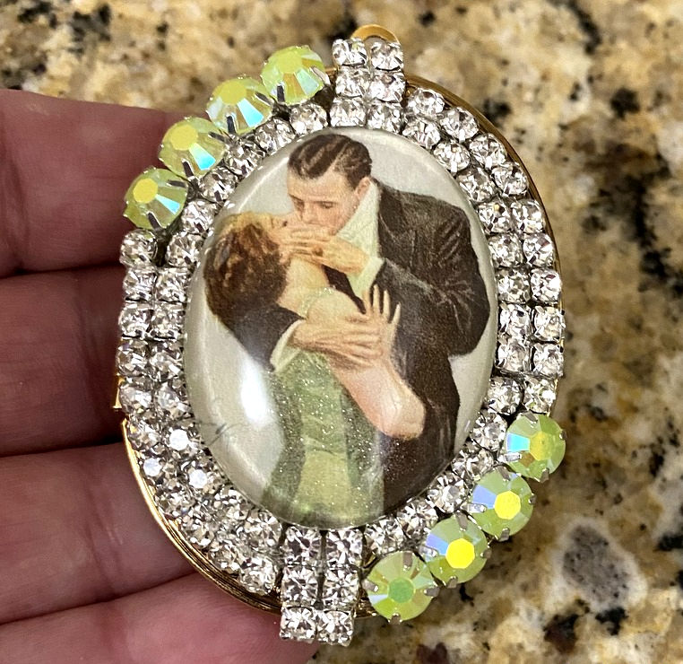 Thumbnail: Harrison Fisher Locket, Vintage Rhinestone Pendant, Glitter Cameo, Romance