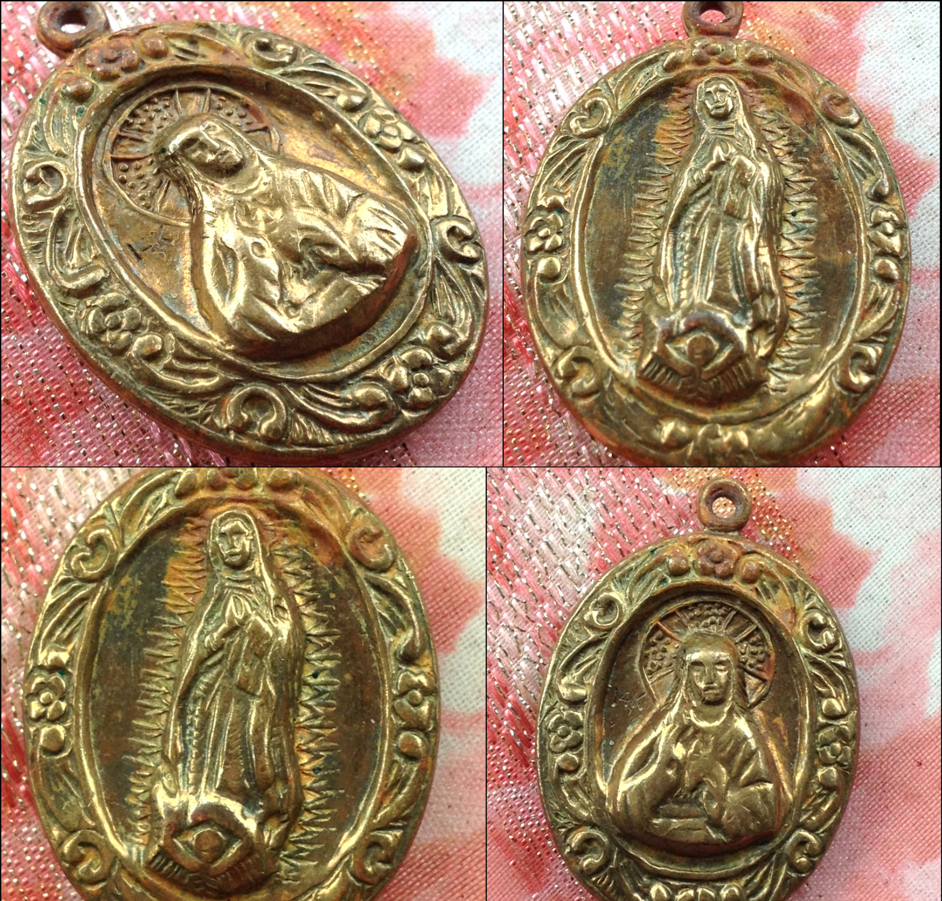 Antique Brass Catholic Medal, Our Lady Guadalupe Sacred Heart of Jesus pendant