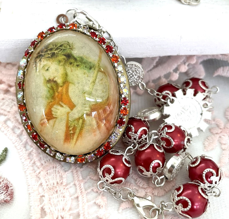 Thumbnail: Rhinestone Jesus Locket, Cameo Pendant, Prayer Beads Bracelet, Catholic Gifts