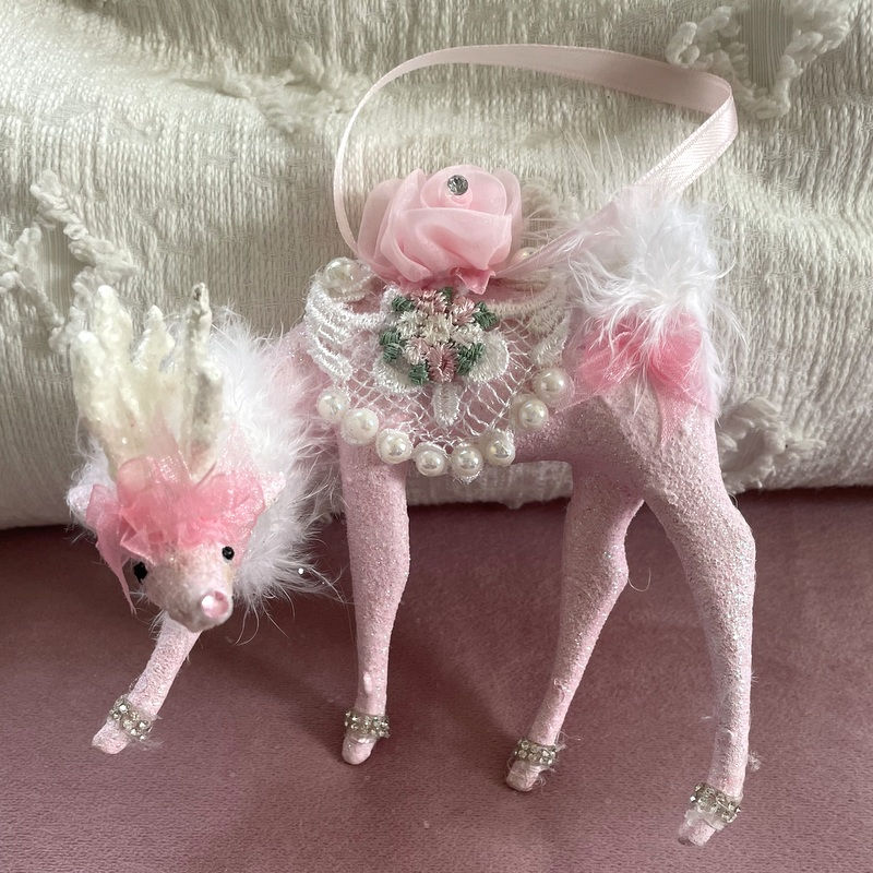 Thumbnail: Shabby Pink Glitter Reindeer Ornament Feather Fur Christmas Décor
