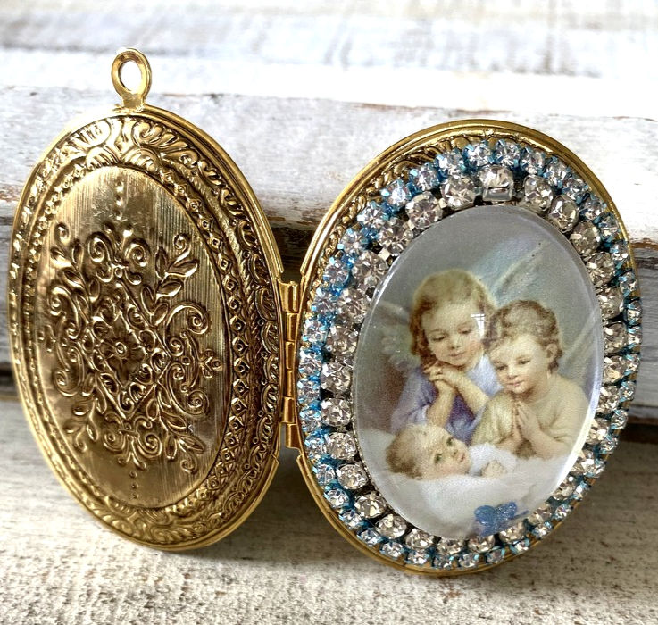 Thumbnail: Rhinestone Baby Boy Locket, Guardian Angel Pendant, Glitter Cameo Ornament