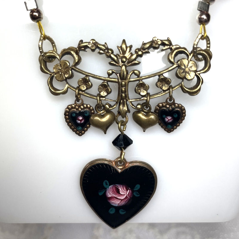 Thumbnail: Enamel Rose Heart Necklace with Pink Cats Eye Moss Agate Quartz, Vintage Jewelry