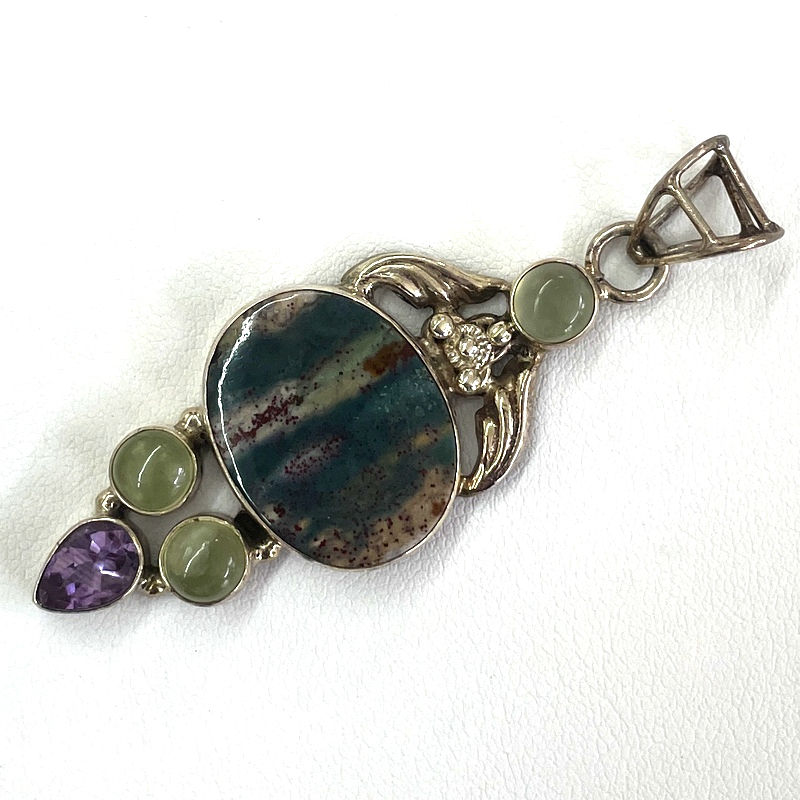 Thumbnail: Artistic Bloodstone Pendant, Prehnite, Vintage Silver Gemstone Art Jewelry