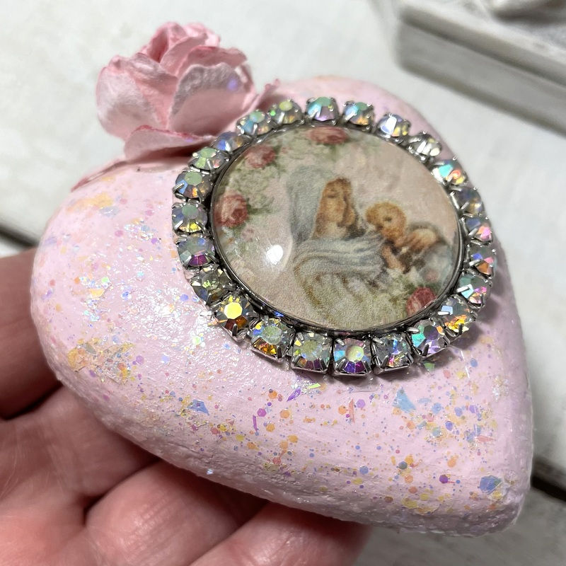Thumbnail: Blush Pink Christmas Ornament Madonna and Child Glitter Rhinestone Cameo
