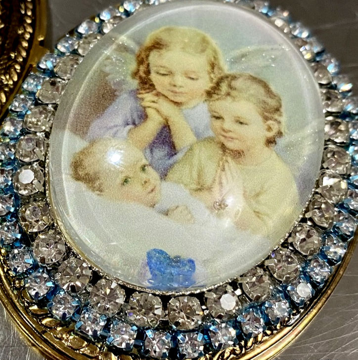 Thumbnail: Rhinestone Baby Boy Locket, Guardian Angel Pendant, Glitter Cameo Ornament