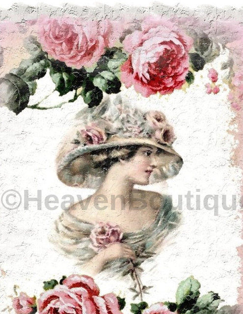 Thumbnail: Shabby Edwardian Woman Print Pink Roses Romantic Art Cottage Décor