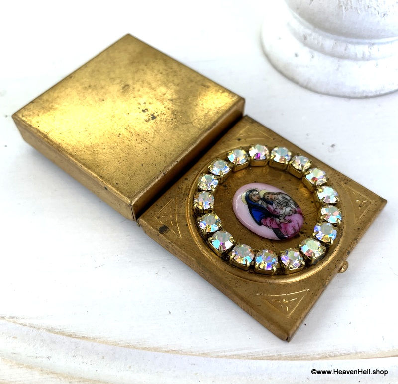 Thumbnail: Vintage Jeweled Rosary box Rhinestone Saint Anne Virgin Mary Porcelain cameo