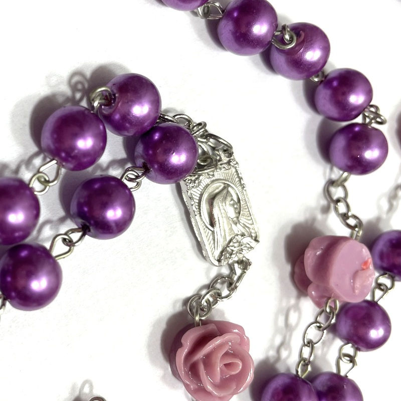 Thumbnail: Silver Rosary Beads Purple Glass Pearl 5 Decade Rosaries Religious Faith Jewelry