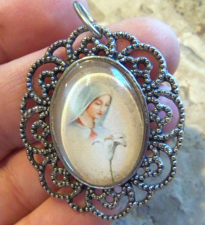 Thumbnail: 2" Virgin Mary With Lilly Pendant Silver tone Blessed Mother Mary Jewelry