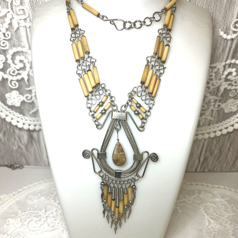 Thumbnail: Handcrafted Jasper and Bamboo Gemstone Necklace, Boho Statement Jewelry
