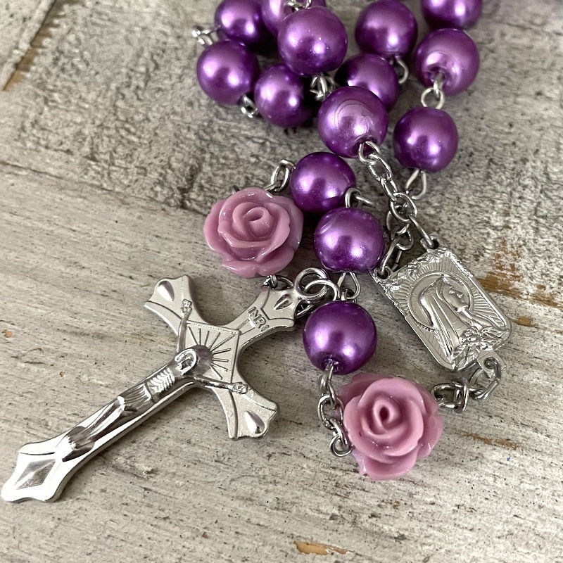 Thumbnail: 21" Rosary Beads Purple and Pink Roses, Handmade, Catholic Religious Faith Gifts