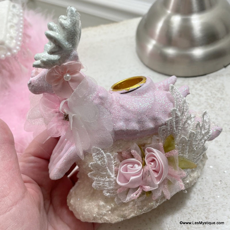 Thumbnail: Vintage Shabby Reindeer Candle Holders, Pink, Glitter, Victorian Christmas decor