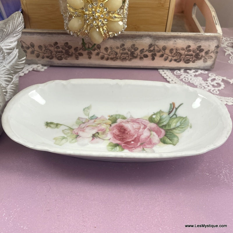 Thumbnail: Antique Dresser Tray - Pink Roses White Porcelain Shabby Chic Trinket Dish