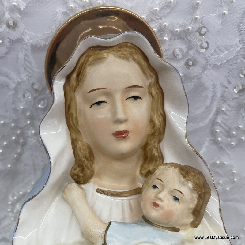 Thumbnail: Vintage Madonna and Child Planter Statue, Blue White, Gold halo Virgin Mary