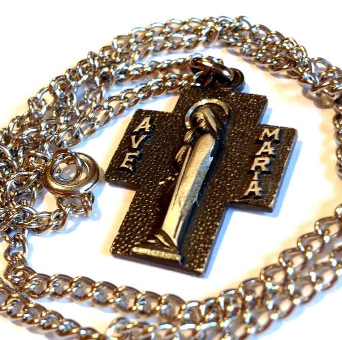 Vintage German Ave Maria Enamel Cross Necklace, Virgin Mary Catholic Jewelry