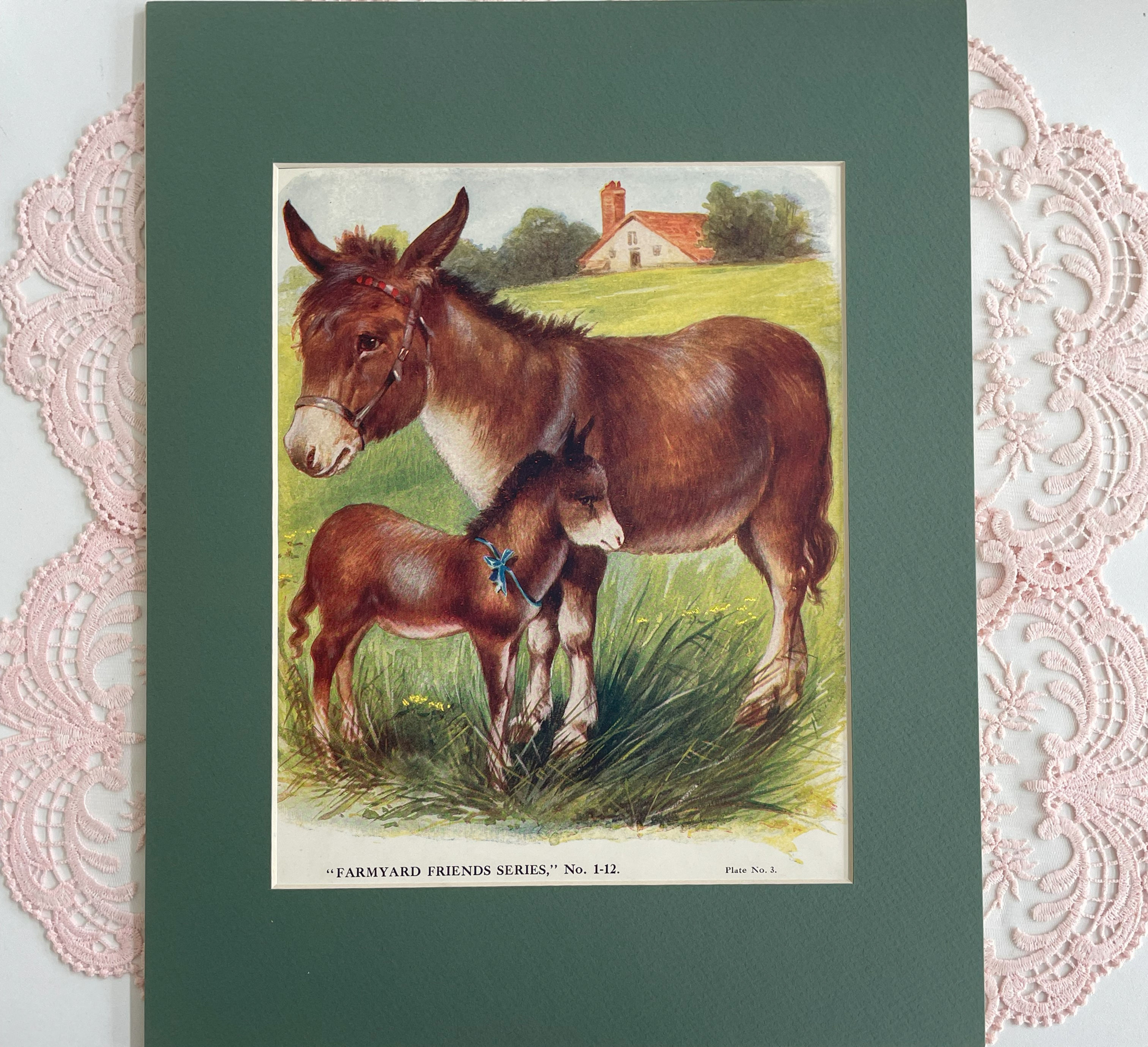 Vintage Country Art Print Donkey Family in meadow, Farmhouse