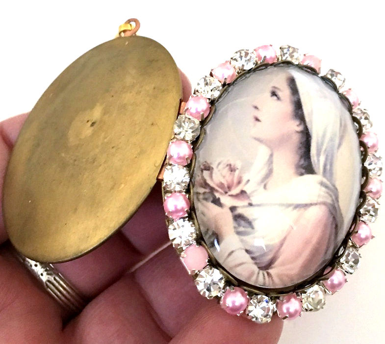 Thumbnail: Vintage Mystical Rose Virgin Mary Cameo Locket Prayer Pendant, Religious Jewelry