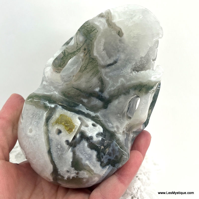 Thumbnail: Large Drusy Quartz Moss Agate Crystal Skull, New Beginnings, Soul Healing