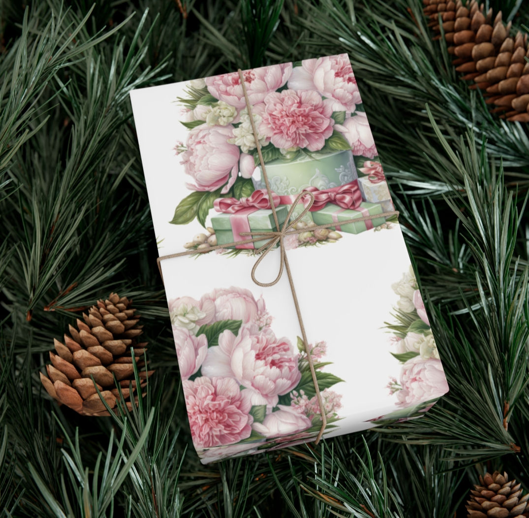 Shabby Chic Gift Wrap Pastel Green & Pink Roses Special Occasion Christmas Wrap