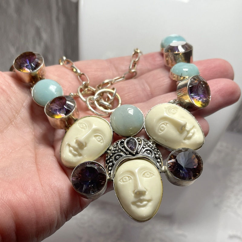 Thumbnail: Vintage Silver Triple Goddess Necklace, Carved, Blue Chalcedony, Mystic Topaz
