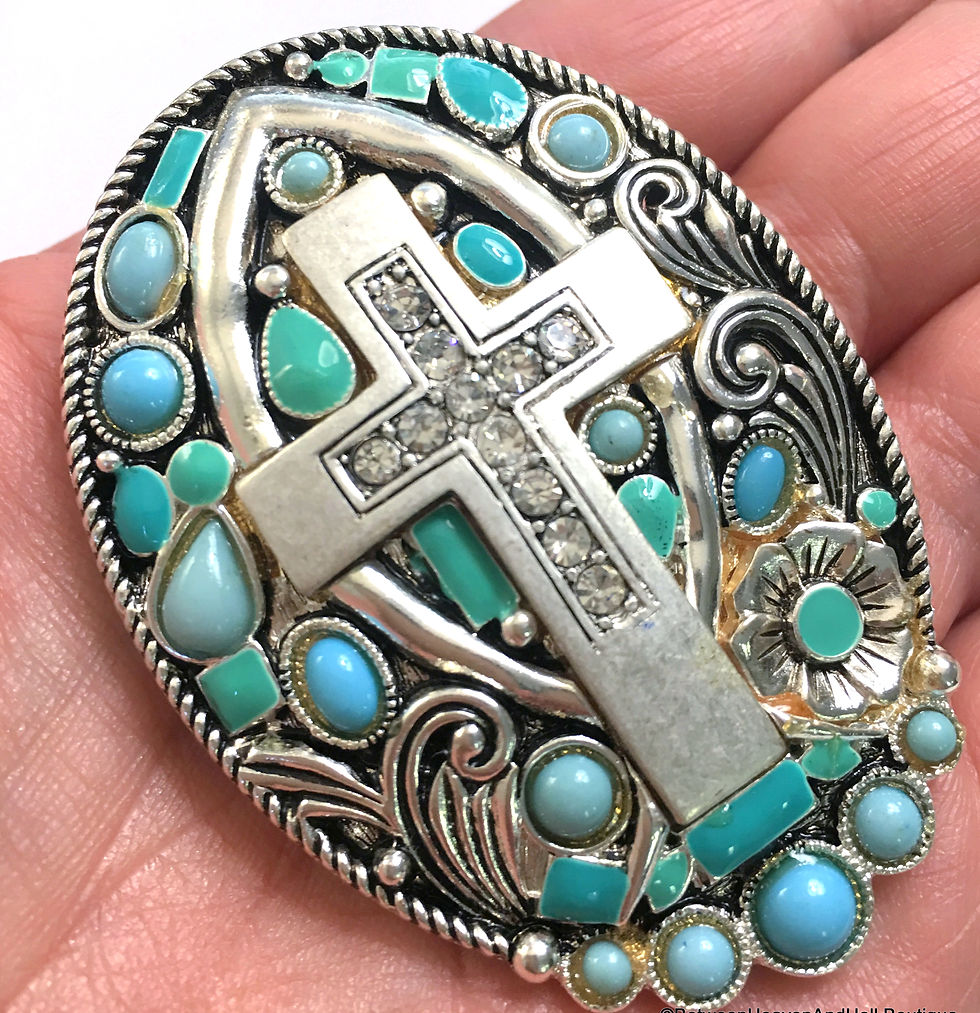 Thumbnail: Large Turquoise Pendant, Enamel Rhinestone Cross, Religious Costume Jewelry