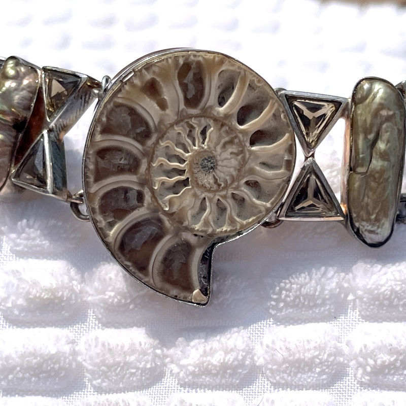 Thumbnail: Chunky Ammonite Fossil Smoky Quartz Bracelet, Vintage Gemstone Jewelry