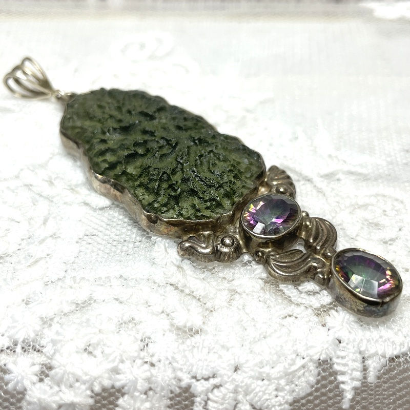 Thumbnail: Vintage Czech Moldavite Pendant w/ Mystic Topaz Sterling Silver Jewelry