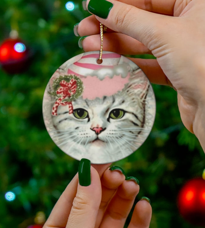 Thumbnail: Shabby Retro Kitty Ornament Vintage Style Kitten Christmas Decor Cat Lover Gift