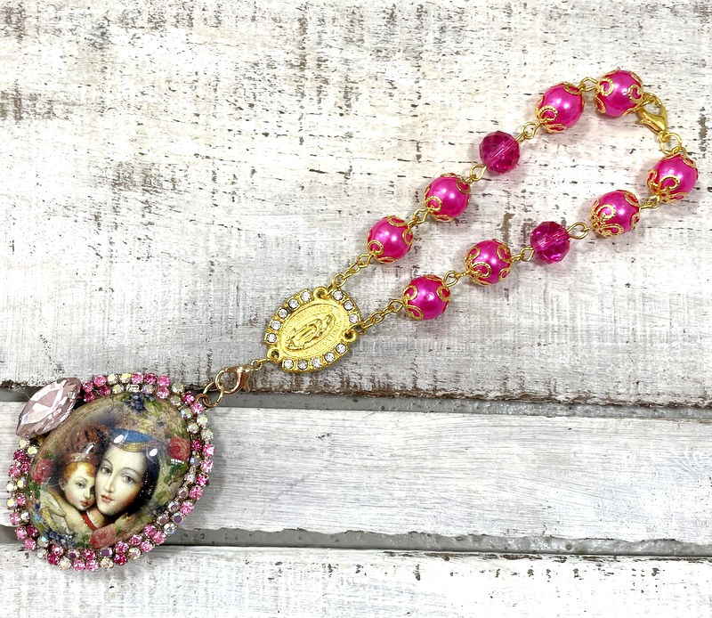 Thumbnail: Madonna & Child Locket, Glitter Cameo Pendant, Prayer Beads, Catholic Jewelry