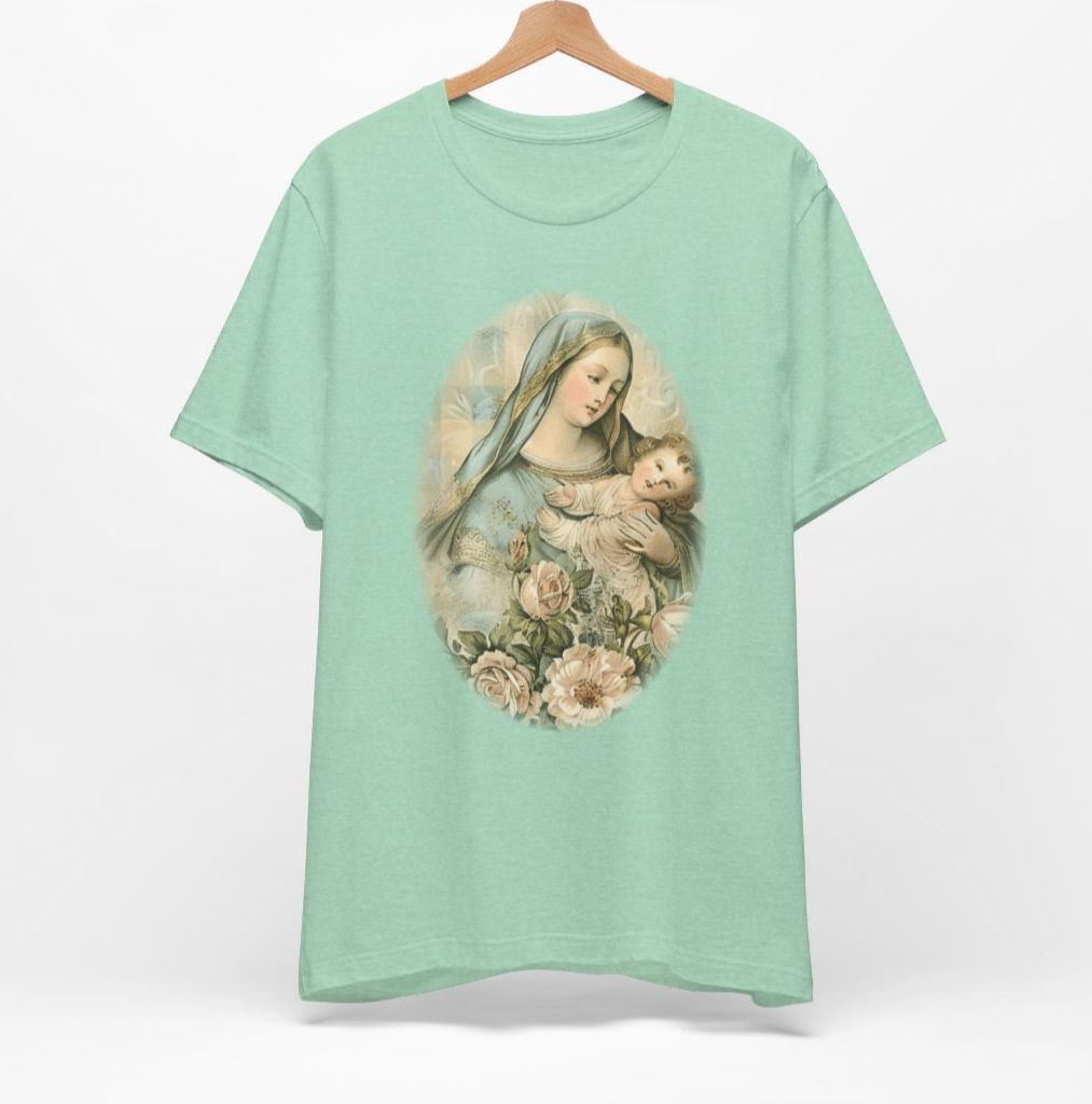 Virgin Mary T-Shirt Shabby French Madonna Jesus Faith Art Tee Catholic Gifts
