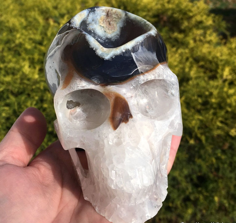 Thumbnail: Large Crystal Skull Bowl, Agate Skull, Clear Rainbow Quartz Skull, Charging Bowl
