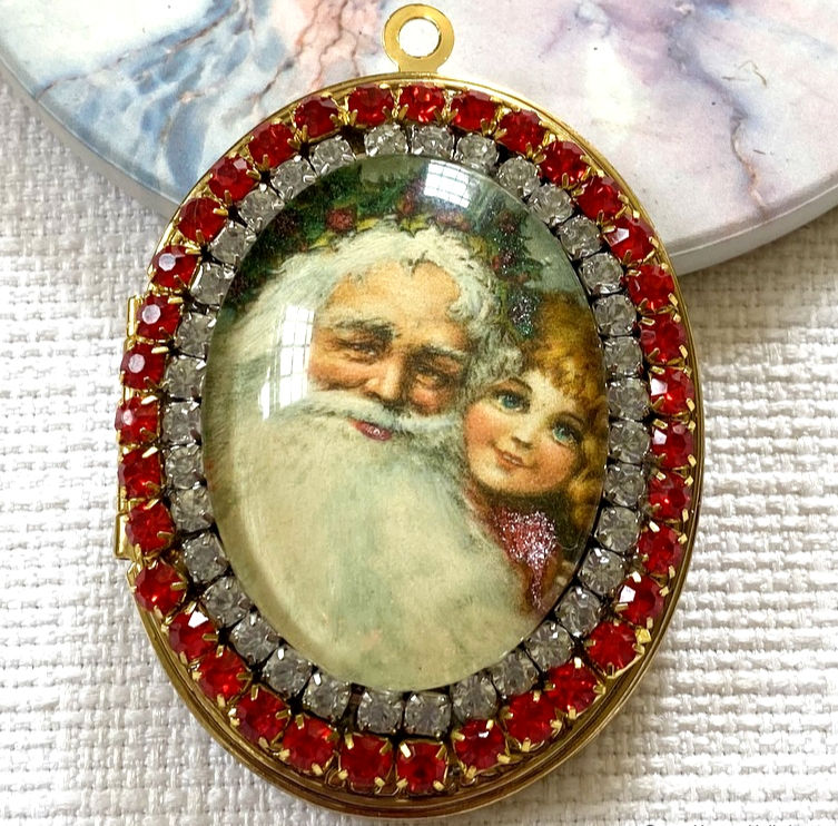 Thumbnail: Victorian Santa Claus Christmas Locket, Red Rhinestone Pendant, Ornament