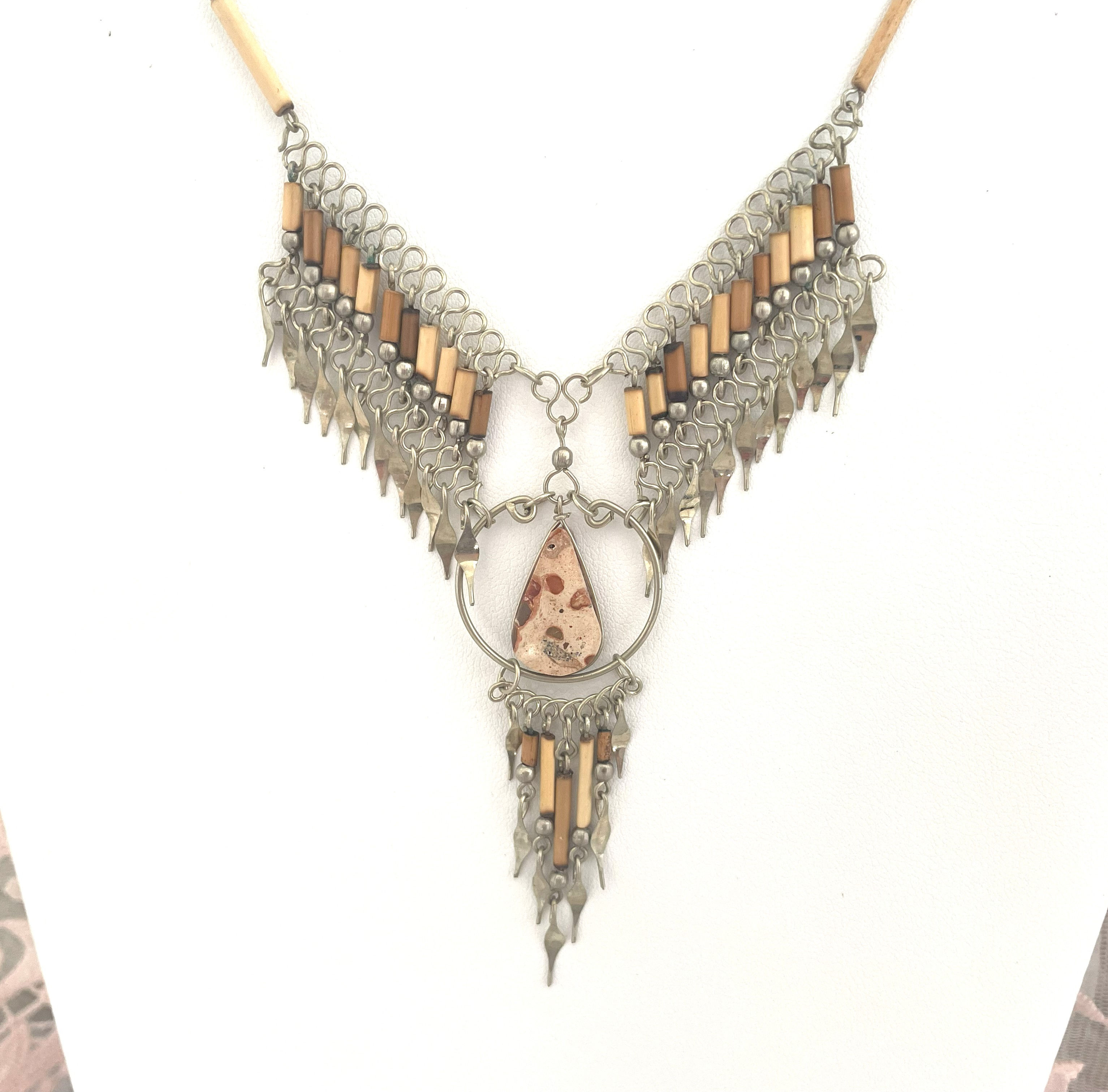 Handcrafted Leopard Jasper and Bamboo Gemstone Necklace Boho Statement Jewelry